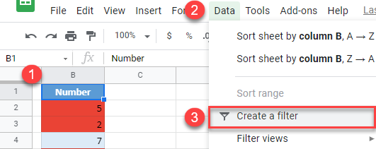 google sheets create filter