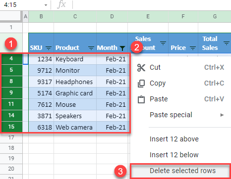 google sheets delete selected rows 1