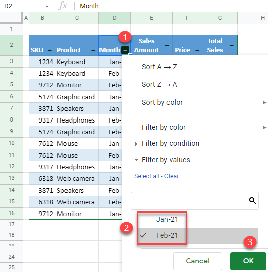 google sheets filter column 1