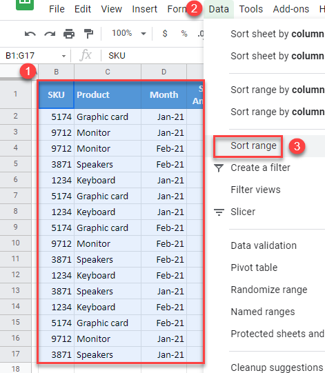 google sheets sort range 1a