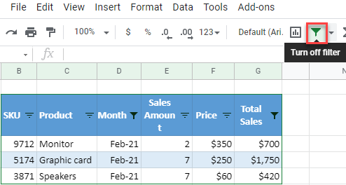 google sheets turn off filter