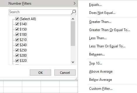 number filters excel