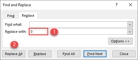 replace blank cells with 0 replace all