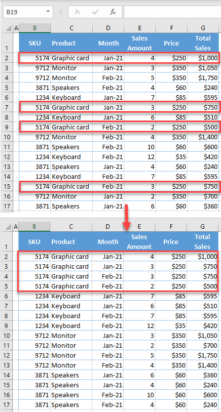 sort multiple columns initial data