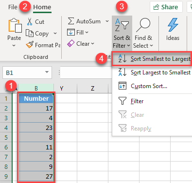 sort numbers by sort option 1a