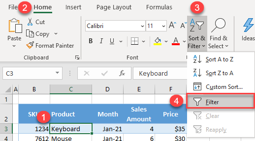 turn on filter excel