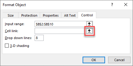 combo box format control cell link