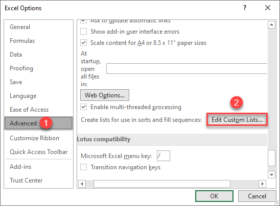 excel options custom lists 2a