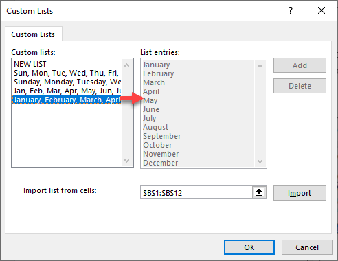 excel options custom lists months 1