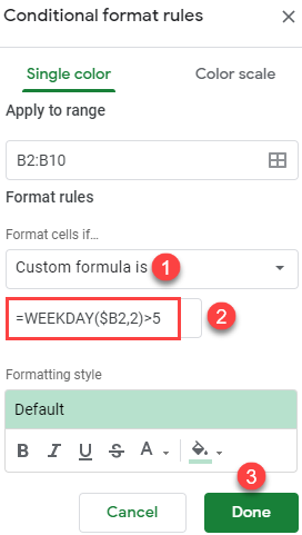 google sheets highlight weekends