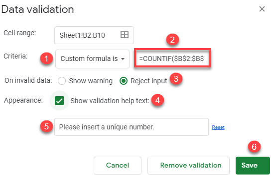 google sheets prevent duplicate entries data validation 1