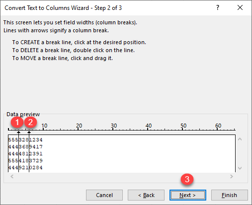 separate numbers text to columns 2