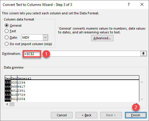 separate numbers text to columns 3