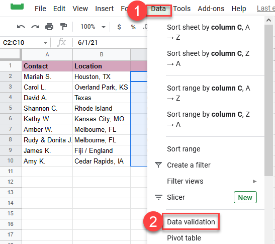 google sheets data validation