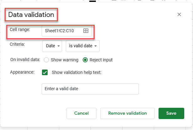 google sheets data validation criteria