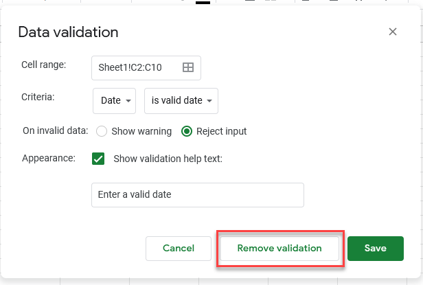 google sheets data validation remove