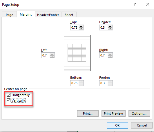 center worksheet horizontally vertically 2