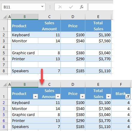 hide blank rows initial data