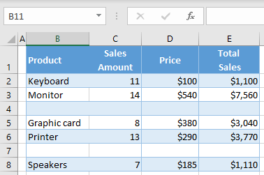 hide blank rows initial data