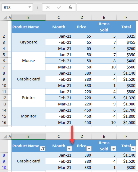 filter merged cells initial data