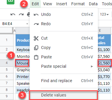 google sheets clear content