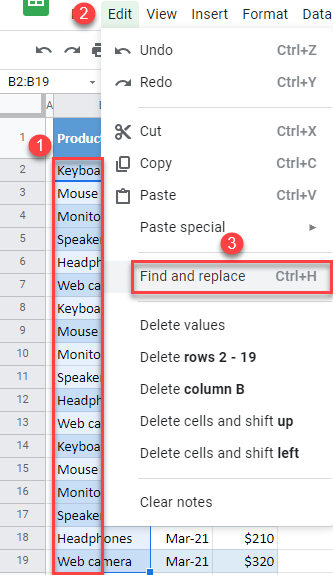 google sheets find-and replace multiple values 1