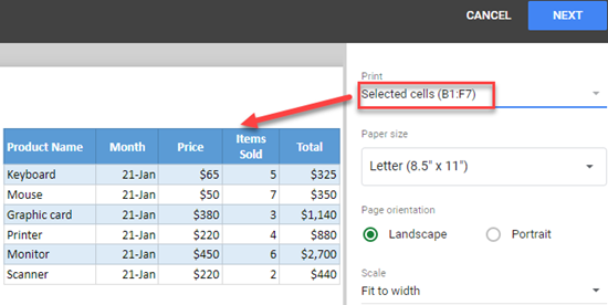 google sheets print only selected cells 3