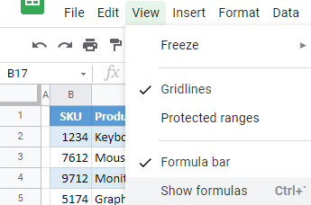 google sheets show formulas