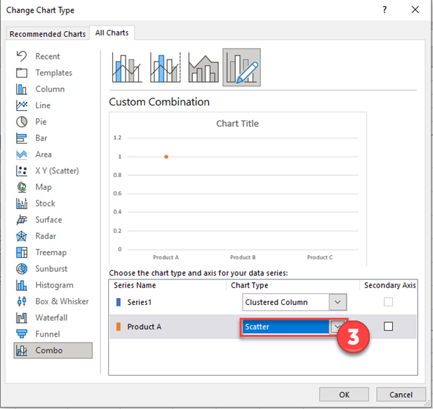 Change the First Series to a Scatterplot Type for Dot Graph Excel