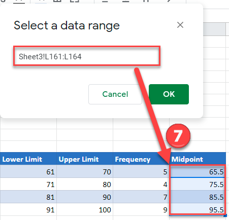 Update Data Range with Midpoint Values for Frequency Polygon in Google Sheets