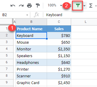 google sheets show autofilter 1