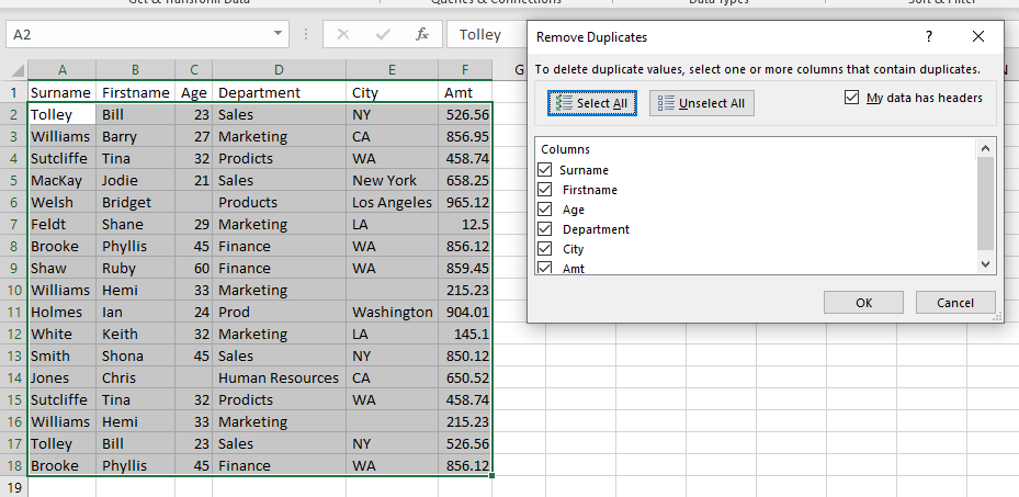 CleanData remove duplicates select