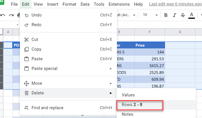 deletemultiple gs rows menu