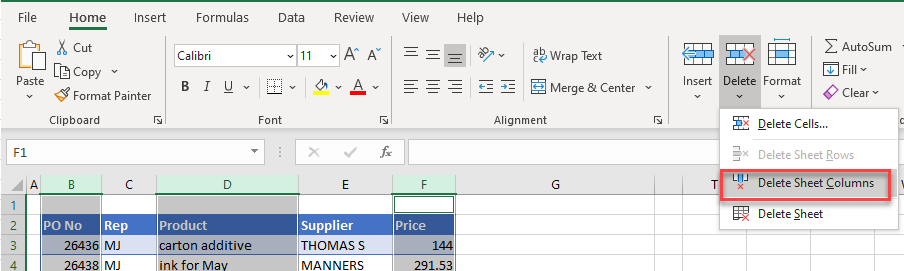 deletemultiple ribbon delete non adjacent columns