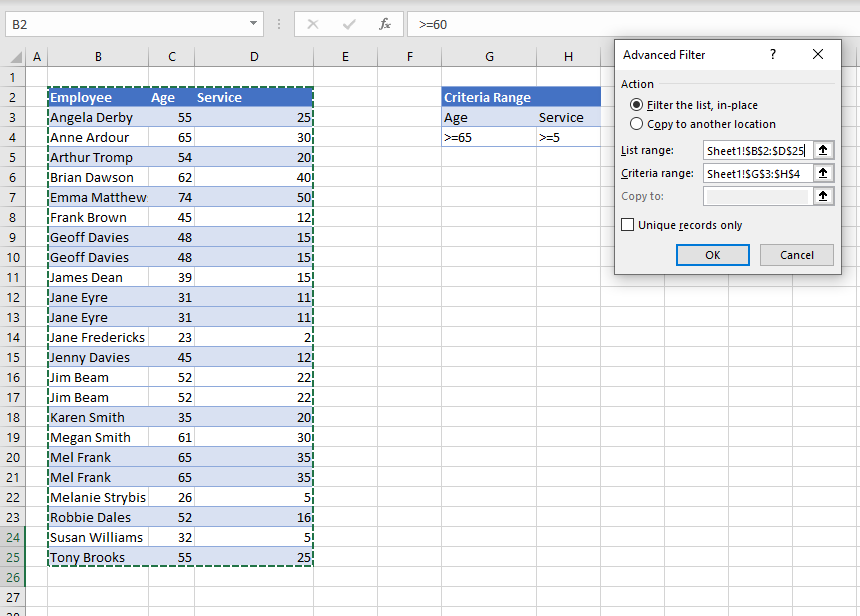 advanced filter advanced-filter criteria