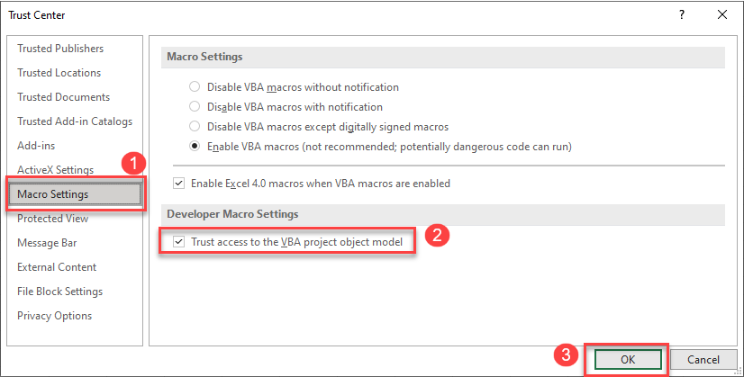 vba error 400 trust center