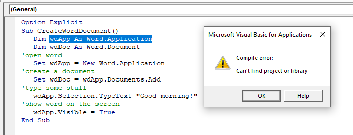 vbacompile error cant find library