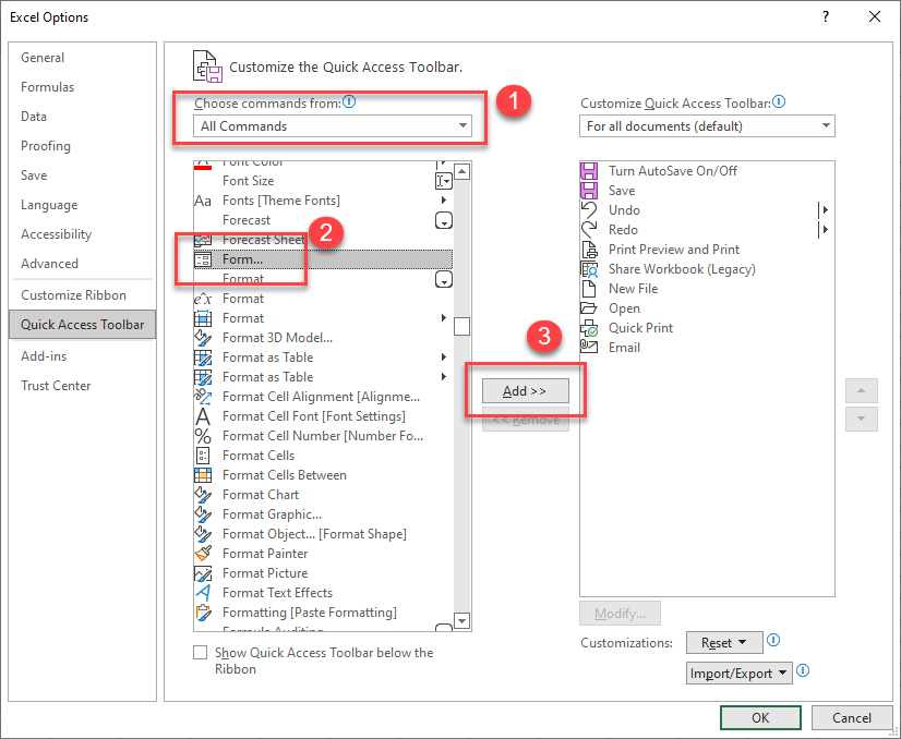 createform customise quickaccess