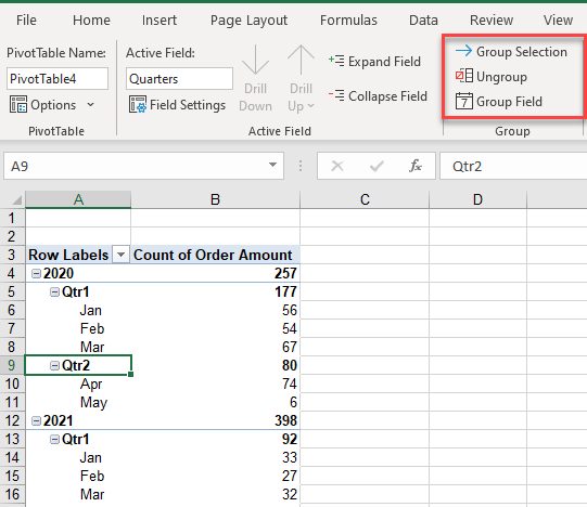 pivottable group section