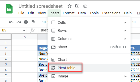 pivottable gs menu