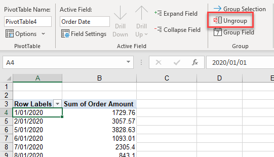 pivottable ungroup